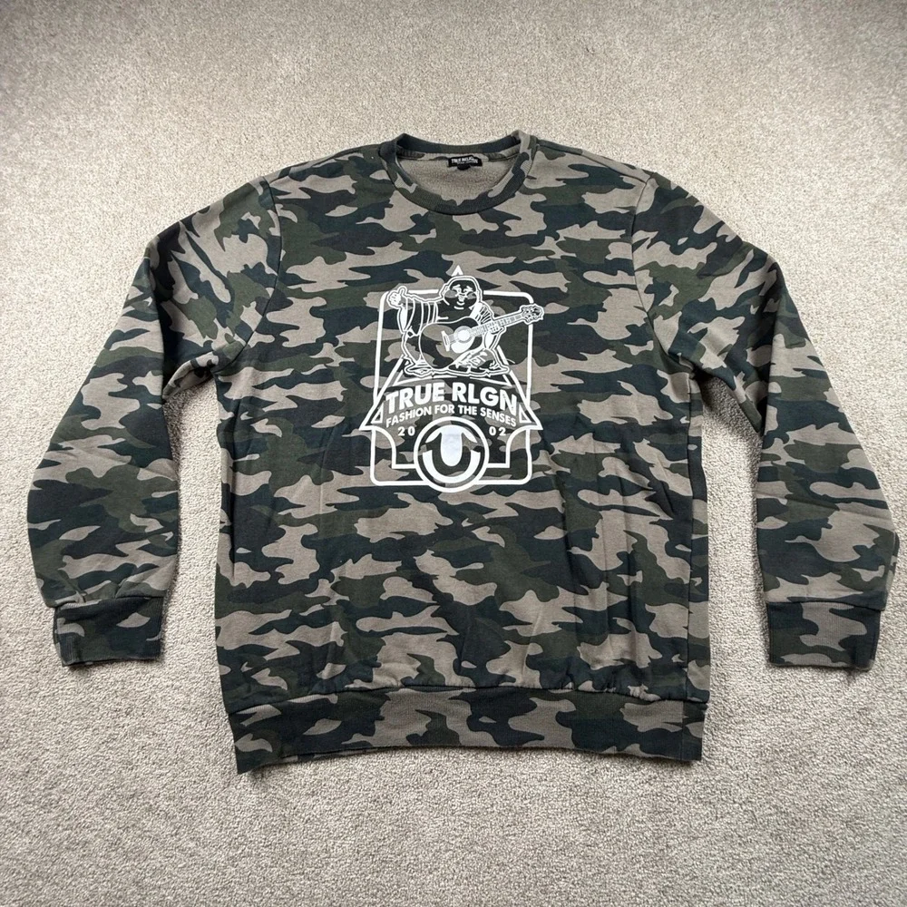 True Religion Mens Camo Buddha Guitar Graphic Crewneck Sweatshirt Large Green